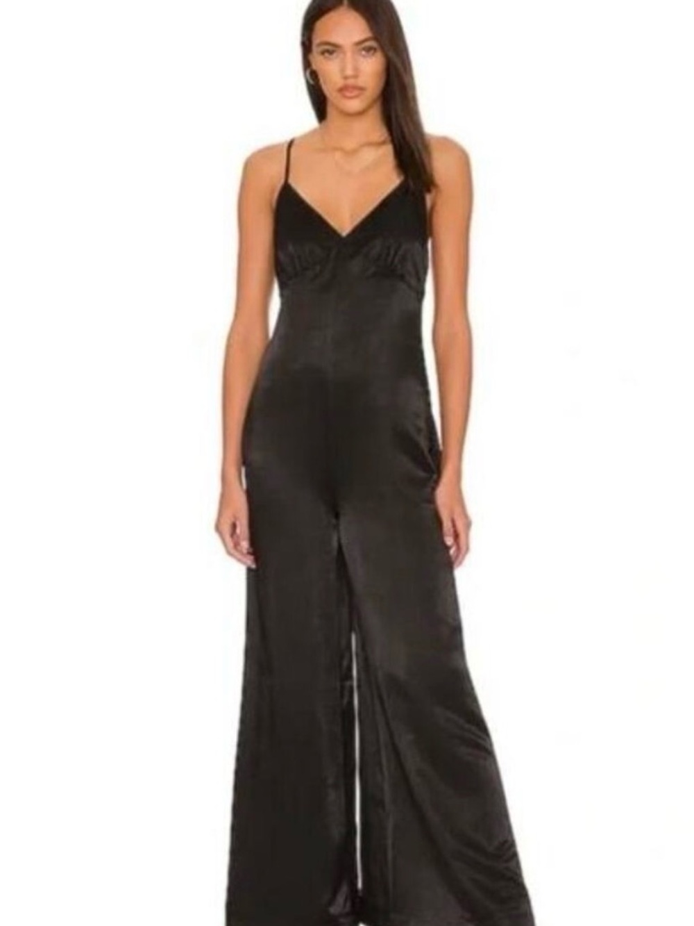 WeWoreWhat Black Satin V-Neck Wide-Leg Jumpsuit